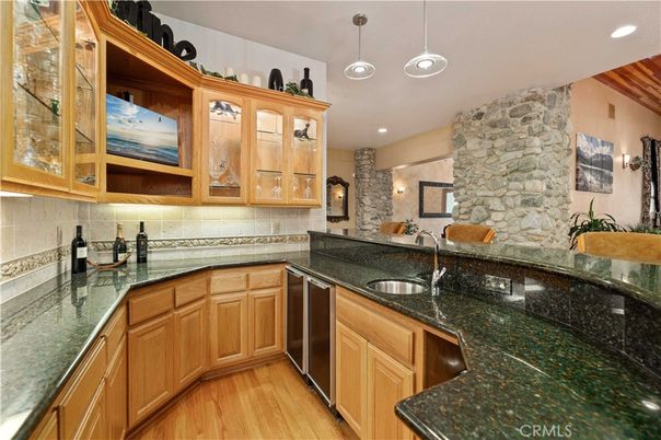 Interior, Kitchen, Pendant Lights, Recessed Lighting, Stone Walls, Wood Texture Flooring