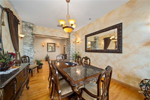 Chandelier, Dining room, Interior, Stone Walls, Wood Texture Flooring