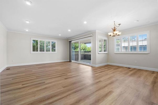 Chandelier, Empty room, Interior, Recessed Lighting, Wood Texture Flooring