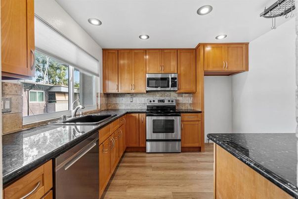 Interior, Kitchen, Recessed Lighting, Stainless Steel Appliances, Wood Texture Flooring