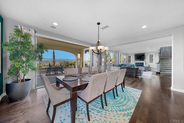 Chandelier, Dining room, Fireplace, Interior, Living room, Recessed Lighting, Wood Texture Flooring