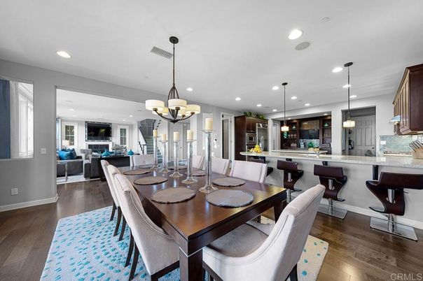 Chandelier, Dining room, Interior, Kitchen, Living room, Pendant Lights, Recessed Lighting, Wood Texture Flooring