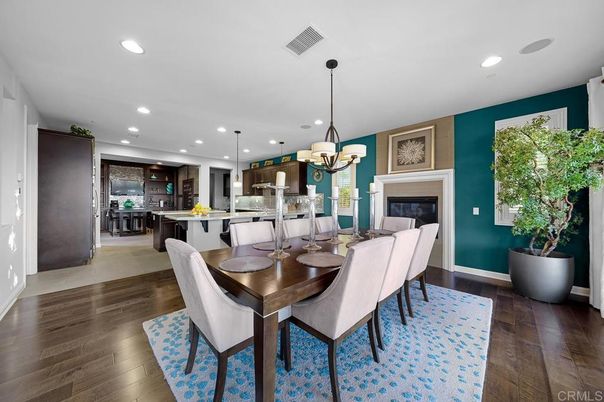 Chandelier, Dining room, Fireplace, Interior, Kitchen, Pendant Lights, Recessed Lighting, Wood Texture Flooring