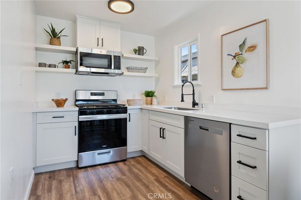 Interior, Kitchen, Recessed Lighting, Stainless Steel Appliances, Wood Texture Flooring
