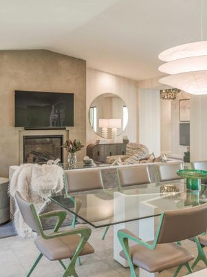 Dining room, Fireplace, Interior, Pendant Lights