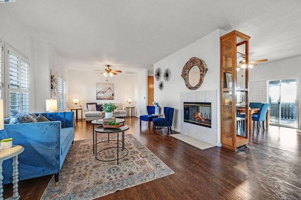 Dining room, Fireplace, Interior, Living room, Wood Texture Flooring
