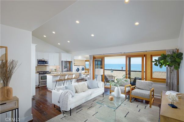 Interior, Kitchen, Living room, Recessed Lighting, Stainless Steel Appliances, Water, Wood Texture Flooring