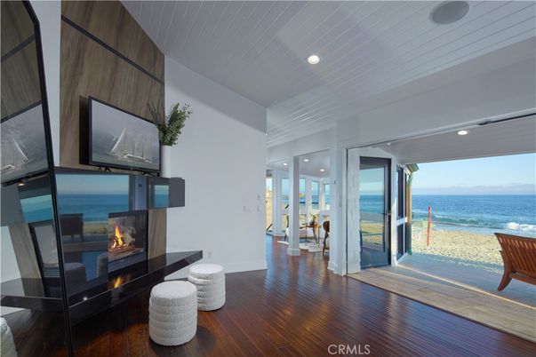 Fireplace, Interior, Recessed Lighting, Water, Wood Texture Flooring