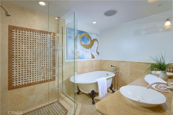 Bathroom, Free Standing Baths, Glass Shower, Interior, Recessed Lighting