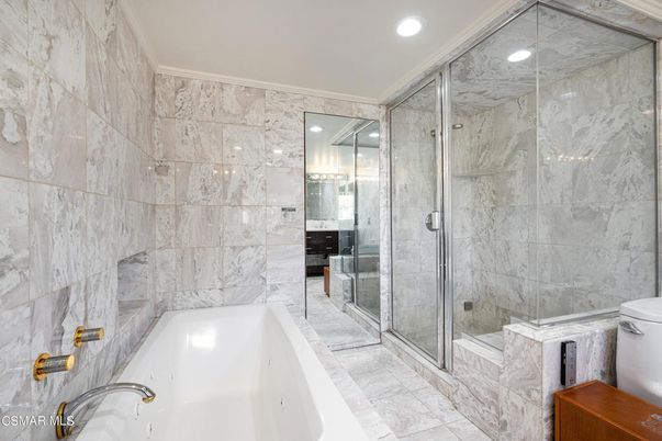 Bathroom, Glass Shower, Interior, Marble, Marble Walls, Recessed Lighting