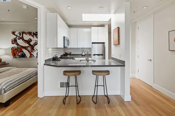 Bedroom, Interior, Kitchen, Recessed Lighting, Stainless Steel Appliances, Wood Texture Flooring