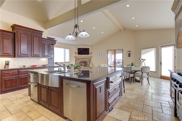 Dining room, Fireplace, Interior, Kitchen, Pendant Lights, Recessed Lighting, Stainless Steel Appliances