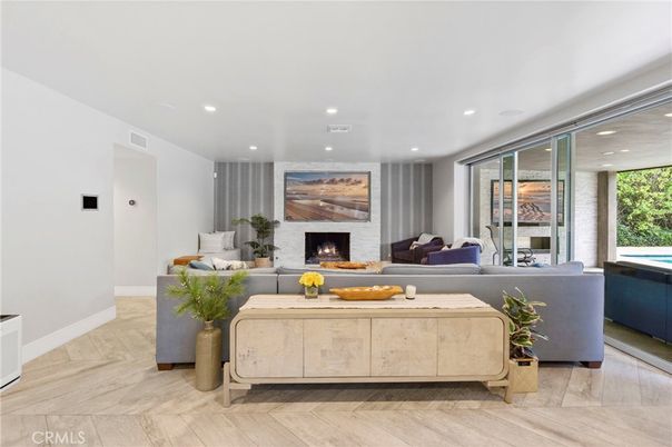 Fireplace, Interior, Living room, Recessed Lighting, Wood Texture Flooring