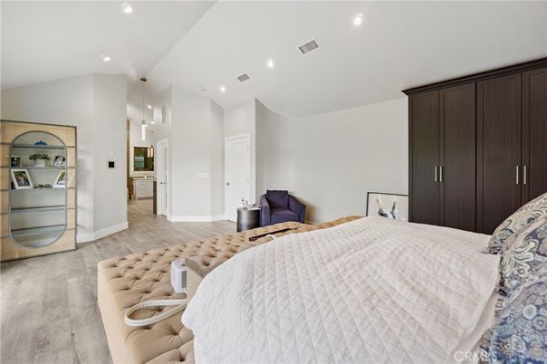 Bedroom, Interior, Pendant Lights, Recessed Lighting, Wood Texture Flooring