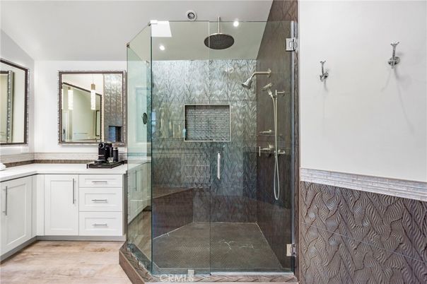 Bathroom, Glass Shower, Interior, Recessed Lighting, Wood Texture Flooring