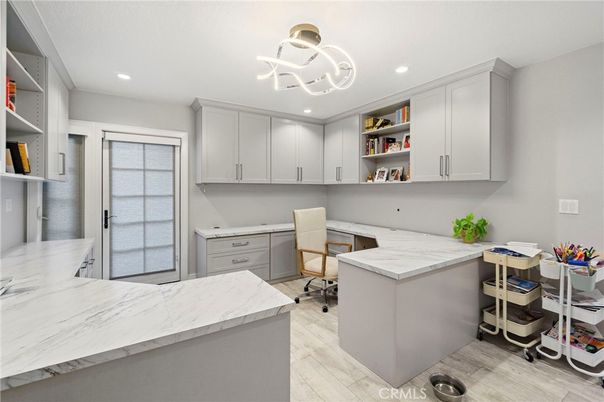 Home Office, Interior, Kitchen, Pendant Lights, Recessed Lighting, Wood Texture Flooring