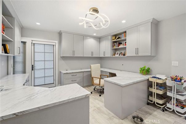 Home Office, Interior, Pendant Lights, Recessed Lighting, Wood Texture Flooring