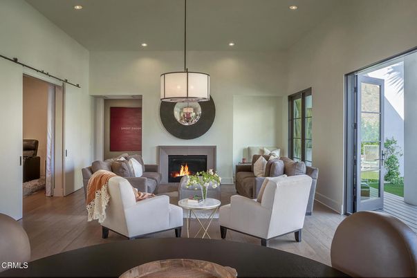 Fireplace, Interior, Living room, Pendant Lights, Recessed Lighting, Wood Texture Flooring