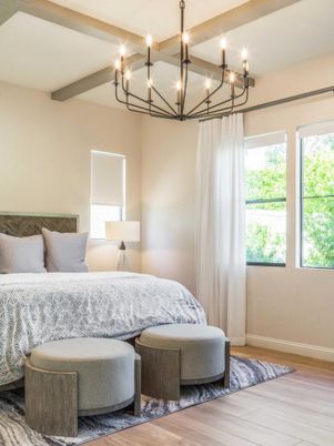 Bedroom, Chandelier, Interior, Wooden Beams, Wood Texture Flooring