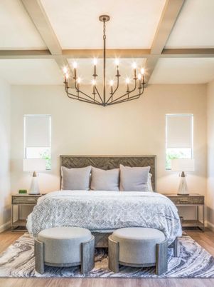 Bedroom, Chandelier, Interior, Wood Texture Flooring