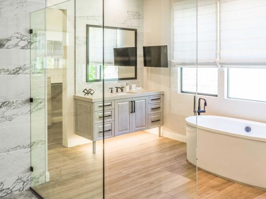 Bathroom, Free Standing Baths, Glass Shower, Interior, Marble Walls, Wood Texture Flooring