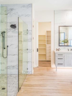Bathroom, Glass Shower, Interior, Marble Walls, Walk-in Closets, Wood Texture Flooring
