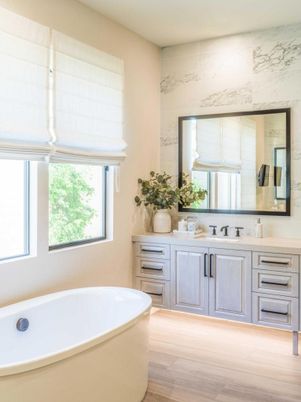 Bathroom, Free Standing Baths, Interior, Marble Walls, Wood Texture Flooring
