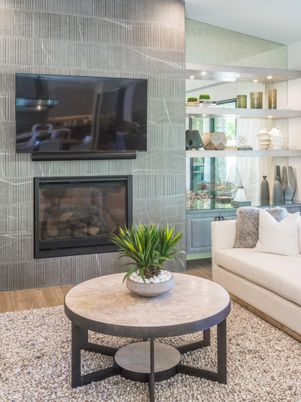 Dining room, Fireplace, Interior, Living room, Pendant Lights, Recessed Lighting, Wood Texture Flooring