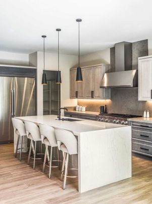 Interior, Kitchen, Pendant Lights, Stainless Steel Appliances, Wood Texture Flooring