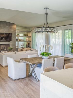 Dining room, Fireplace, Interior, Living room, Pendant Lights, Wood Texture Flooring