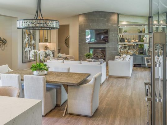 Dining room, Fireplace, Interior, Living room, Pendant Lights, Wood Texture Flooring