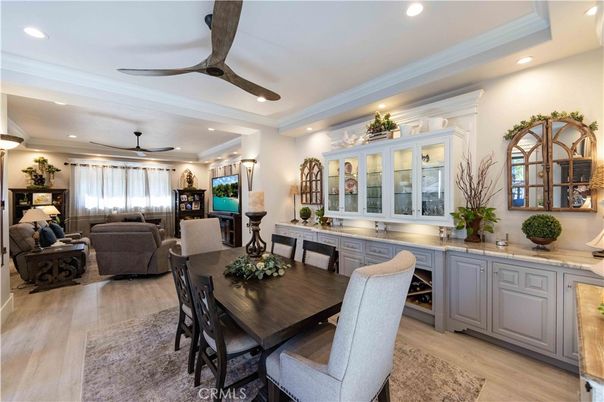 Dining room, Interior, Living room, Recessed Lighting, Wood Texture Flooring