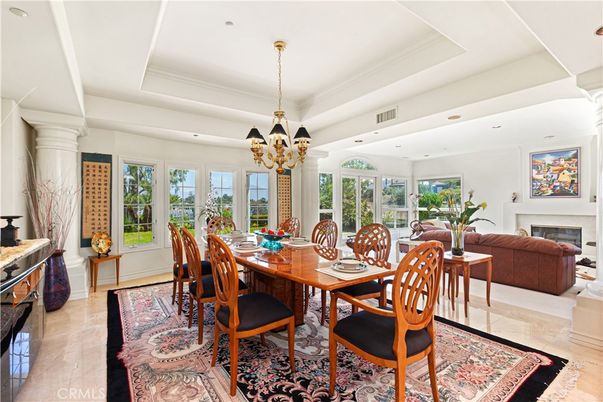 Chandelier, Dining room, Fireplace, Interior, Living room, Recessed Lighting