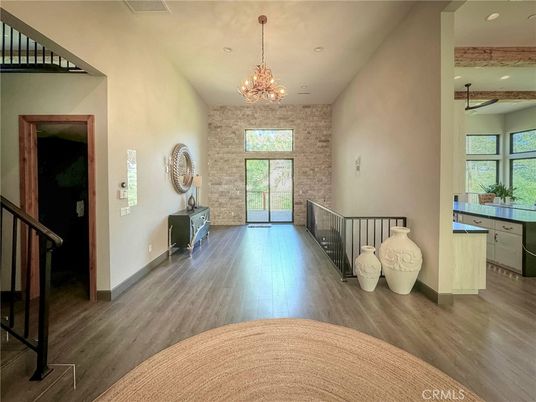 Chandelier, Interior, Recessed Lighting, Wooden Beams, Wood Texture Flooring
