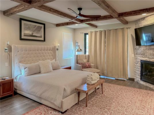 Bedroom, Fireplace, Interior, Recessed Lighting, Wooden Beams, Wood Texture Flooring