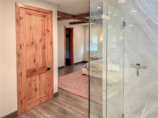Bathroom, Glass Shower, Interior, Wood Texture Flooring