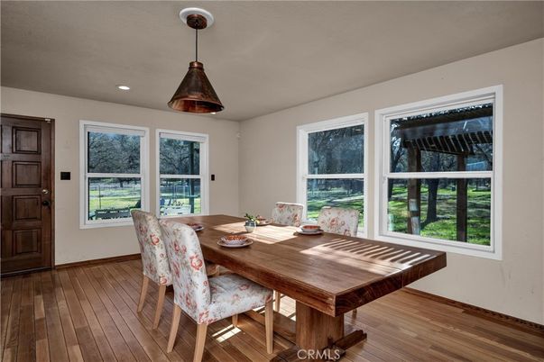Dining room, Interior, Pendant Lights, Recessed Lighting, Wood Texture Flooring