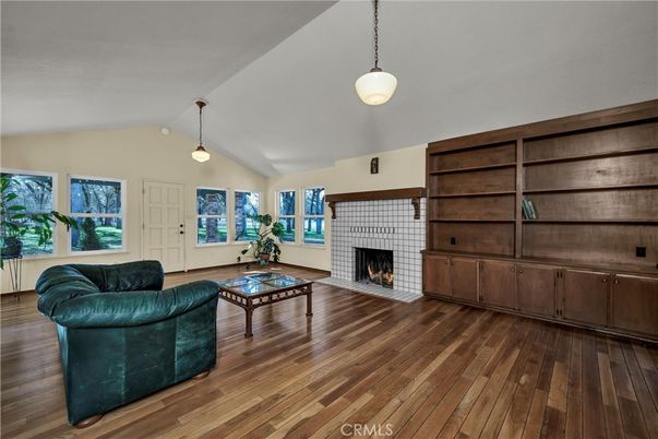Fireplace, Interior, Living room, Pendant Lights, Wood Texture Flooring