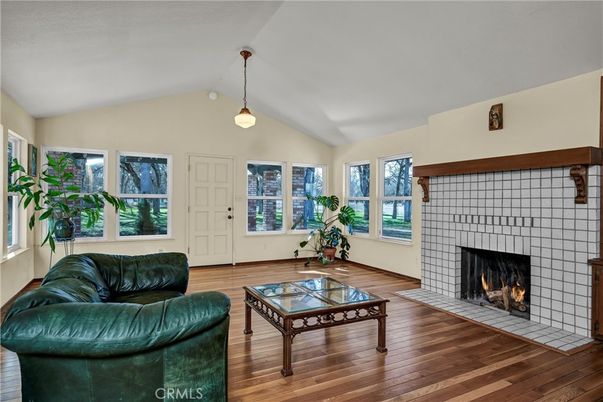 Fireplace, Interior, Living room, Pendant Lights, Wood Texture Flooring