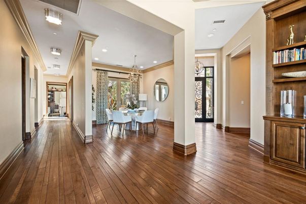 Chandelier, Dining room, Interior, Pendant Lights, Recessed Lighting, Wood Texture Flooring