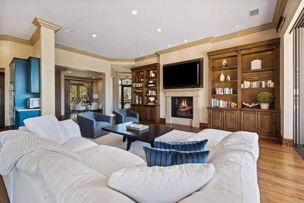 Fireplace, Interior, Living room, Recessed Lighting, Wood Texture Flooring