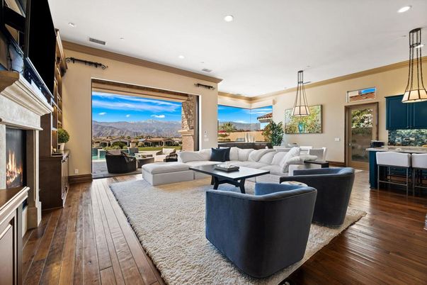 Dining room, Fireplace, Interior, Living room, Pendant Lights, Recessed Lighting, Wood Texture Flooring