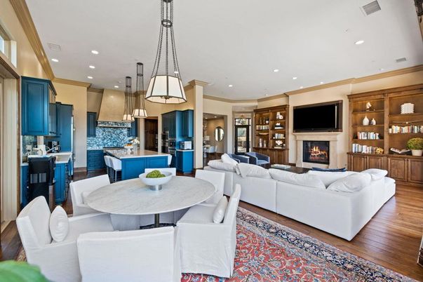 Dining room, Fireplace, Interior, Kitchen, Living room, Pendant Lights, Recessed Lighting, Wood Texture Flooring