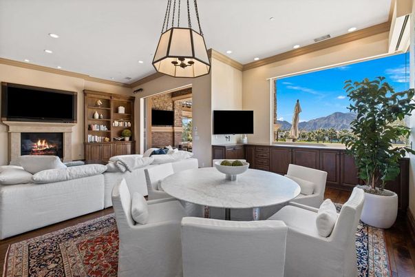Dining room, Fireplace, Interior, Living room, Pendant Lights, Recessed Lighting, Wood Texture Flooring