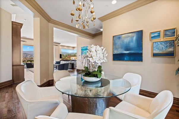 Chandelier, Dining room, Interior, Living room, Piano, Recessed Lighting, Wood Texture Flooring