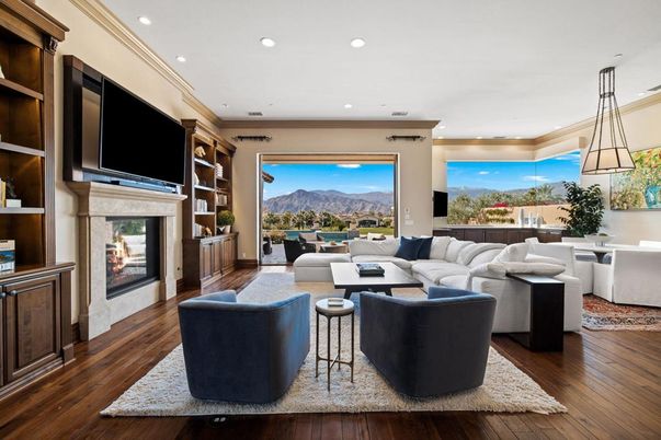 Dining room, Fireplace, Interior, Living room, Pendant Lights, Recessed Lighting, Wood Texture Flooring
