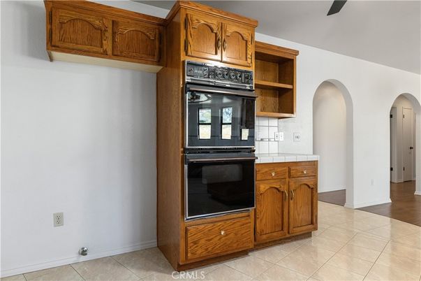 Interior, Kitchen, Tile Countertops, Wood Texture Flooring