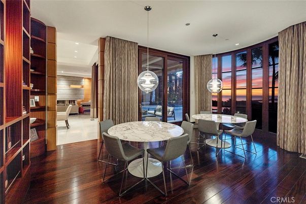 Dining room, Interior, Pendant Lights, Recessed Lighting, Wood Texture Flooring