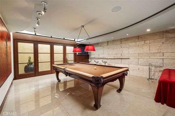 Billiard Table, Game Room, Interior, Pendant Lights, Recessed Lighting, Stone Walls