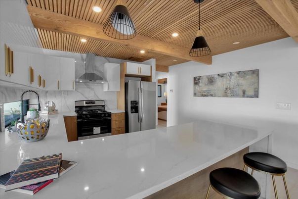 Interior, Kitchen, Pendant Lights, Recessed Lighting, Stainless Steel Appliances, Wooden Beams, Wooden Ceilings